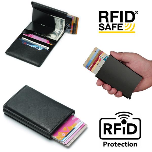 PopUp Smart Card holder skubber 8 kort fremad RFID-NFC Secure Brown Gul Utan Knapp