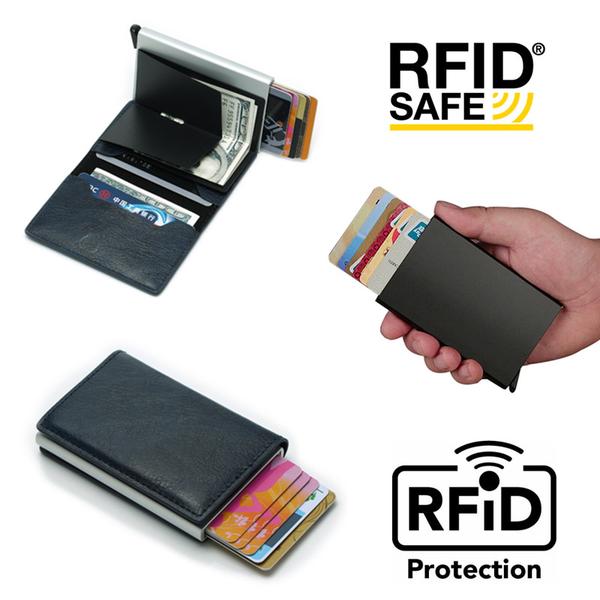 PopUp Smart card holder pushes forward 8 cards RFID-NFC Secure Brown Gul Utan Knapp