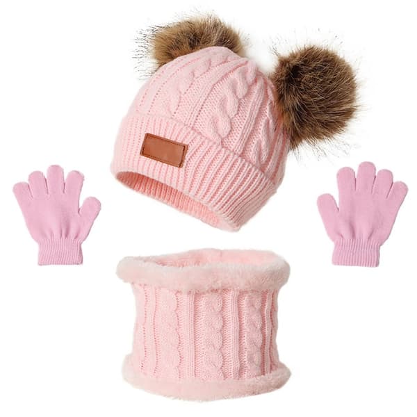 3st Vinterset för barn: Stickad Pompom-mössa, halsduk och handskar - varm solid mössa för småbarn Beige children