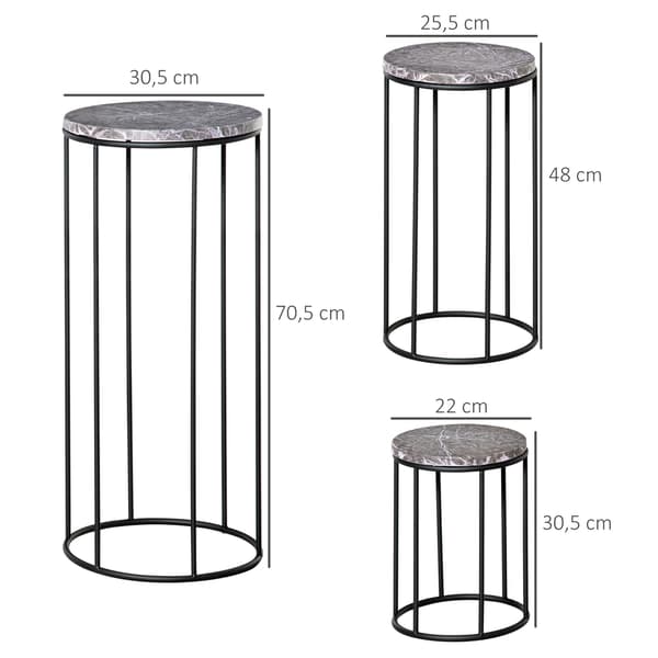 Set med 3 metallblomställ med marmorlook, stapelbara, svarta och grå