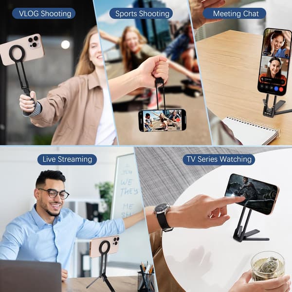 3-i-1 magnetiskt 360° justerbart ultralätt mini-stativ med snäppspänne vikbart telefonfäste black