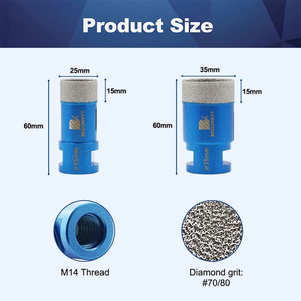 Brschnitt Glasbor Diameter 25/35mm M 14 Gevind til Glasflaske Flise Marmor Keramik Hulsav Ø 35 mm M14 Thread – 2 pcs