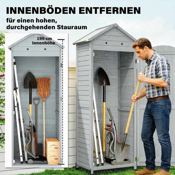 Trädgårdsskjul i trä, extra högt, med justerbart hyllplan, magnetisk dörr, galvaniserad takventilation