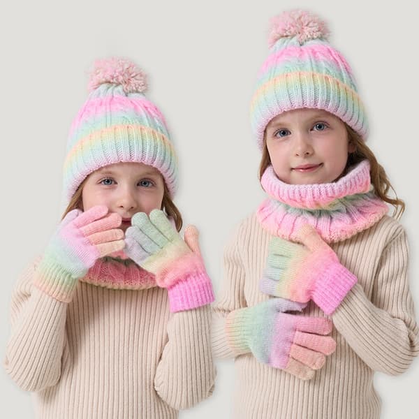 Barn Vintermössa Scarf Handskar Set - Varm fleecestickad mössa för pojkar och flickor i åldrarna 3-8 år Pink