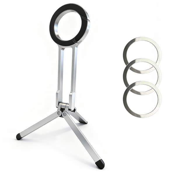 Bärbart magnetiskt telefonstativ i legering, hopfällbart skrivbordsstativ med 3 magnetiska ringar för iPhone 14 15 16 Alloy Silver