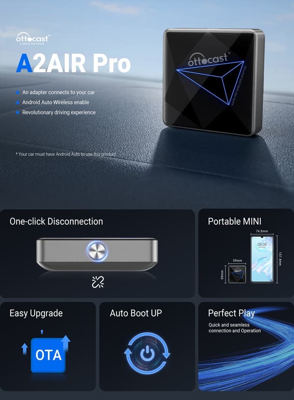 Ottocast A2Air Pro langaton Android Auto -sovitin, Spotify Waze Multimedia, tehdasasenteiseen Adnroid Auto -autoon A2Air Pro