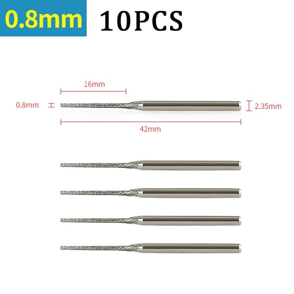 7/10-delars 0,8/1/1,2/1,5/1,8/2/2,5 mm diamantbelagda borr med 2,35 mm skaft i glas jade, bärnsten 10 pcs  0.8 mm