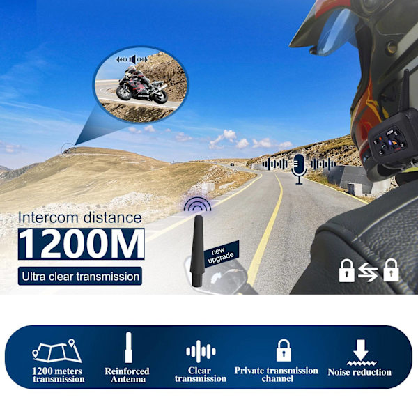 XINOWY V6 Plus Motorcykelhjelm Bluetooth Headset Intercom 1200M Interphone Communicator Vandtæt 6 Riders Single Pack