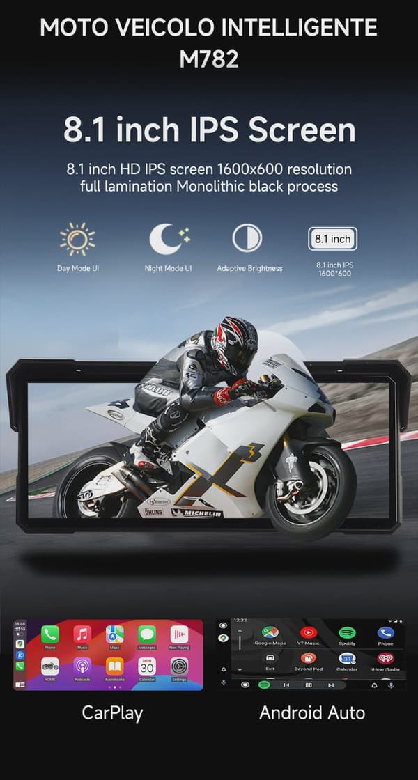 8,1 tums motorcykelnavigationsskärm Trådlös CarPlay Android Auto 2K HD IPX8 Vattentät M782-TMPS-controller
