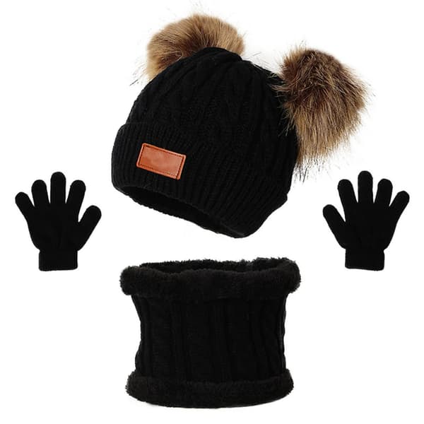 3st Vinterset för barn: Stickad Pompom-mössa, halsduk och handskar - varm solid mössa för småbarn Beige children