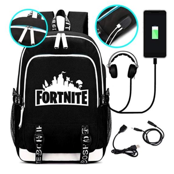 Fortnite Rygsæk - Vandtæt skoletaske med USB og hovedtelefonstik Black
