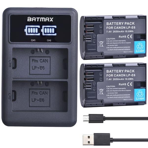 2650mAh LP E6 LPE6 LP-E6 E6N Batteri + LED Dubbelladdare För Canon EOS 5DS R 5D Mark II 5D Mark III 6D 7D 70D 80D Kamera 2 Battery 1 Charger