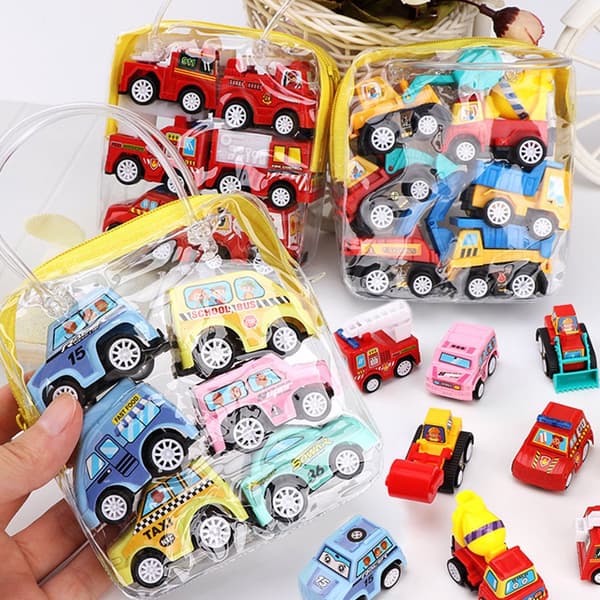 6/12 st Mini Inertial Pull Back Engineering Car Brandbil Set Barn Barn Tecknade Leksaker Födelsedagspresent 6pcs random