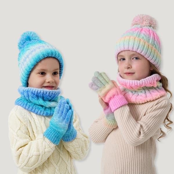 Barn Vintermössa Scarf Handskar Set - Varm fleecestickad mössa för pojkar och flickor i åldrarna 3-8 år Pink