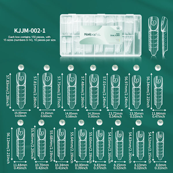 Nailpop Space Nail Dual Forms - 15 størrelser til polygel-extensions, genanvendelig Space-150pcs PP box