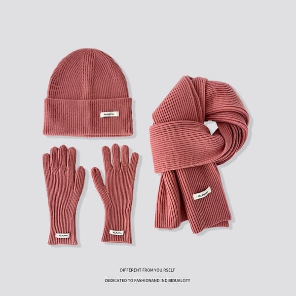 Vinterstickad mössa, halsduk och handskar för kvinnor - Vindtät enfärgad modeaccessoar Green Size One Size