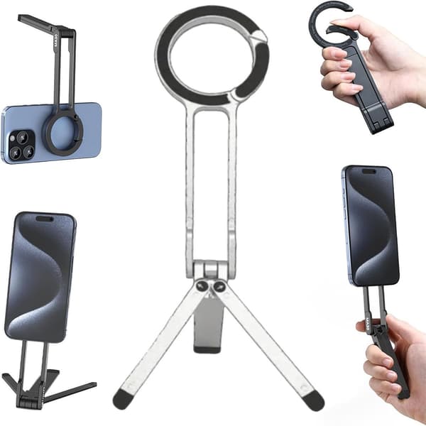 3-i-1 magnetisk 360° justerbart ultralet mini-stativ med trykknapspænde, foldbart telefonholder Silver