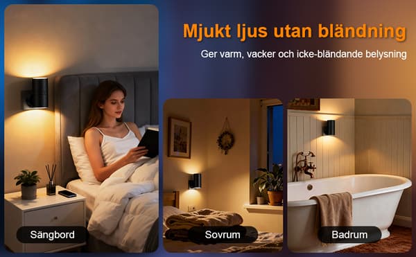 2-pack justerbar nattlampsbrytare (0-100 lm, 3000K), skymningssensor, automatisk belysning