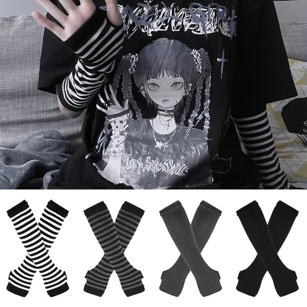 Sorte punk-fingerløse handsker til mænd og kvinder - Cool stretch vinterarmvarmere og -vanter Black white Gloves Size One size
