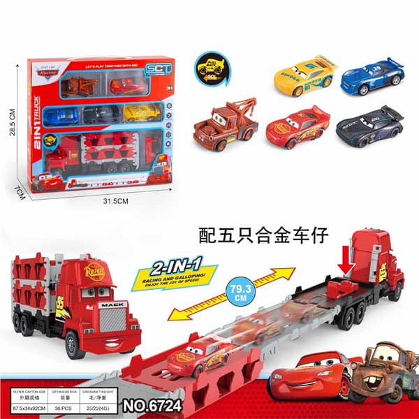 1:16 Pixar legetøjsbil 5 stk./sæt støbt anime lynet Mcqueen Mack foldbar fladvognsmodel med lyd og lys interaktive gaver fire engine