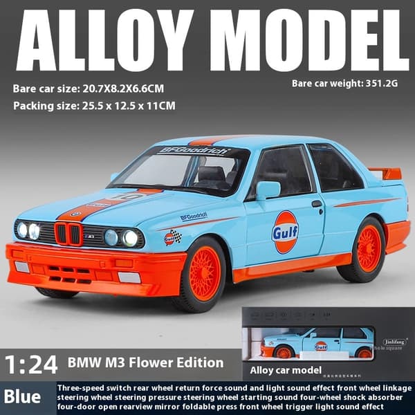 1:24 M3 E30 1988 Mpower Blomsterversion Aluminiumsstøbt malet bilmodel Lyd Lys Private samleobjekter Dekorative gaver black box