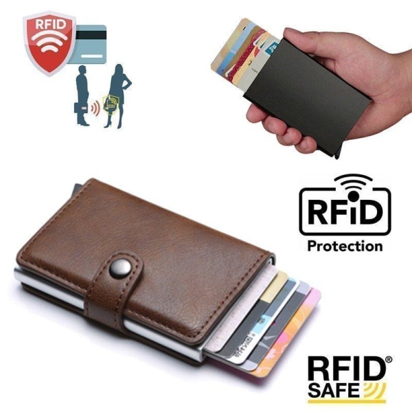 PopUp Smart korthållare skjuter Fram 8st Kort RFID-NFC Säker- Br Brun