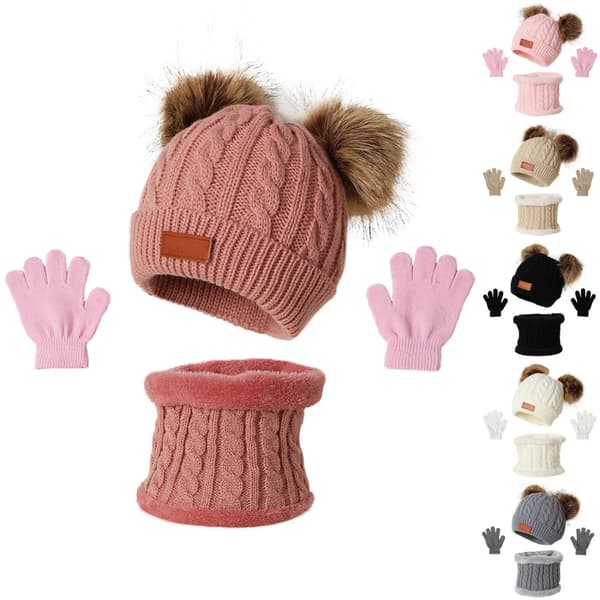 3st Vinterset för barn: Stickad Pompom-mössa, halsduk och handskar - varm solid mössa för småbarn Beige children