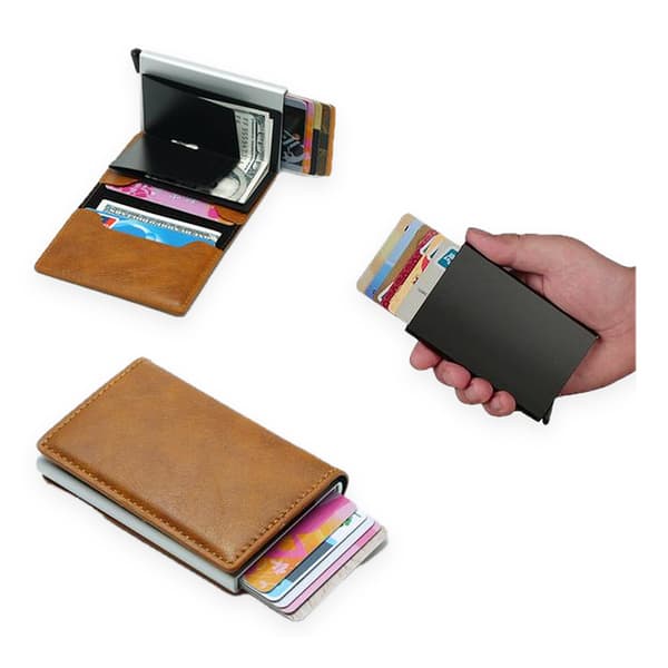 PopUp Smart card holder pushes forward 8 cards RFID-NFC Secure Brown