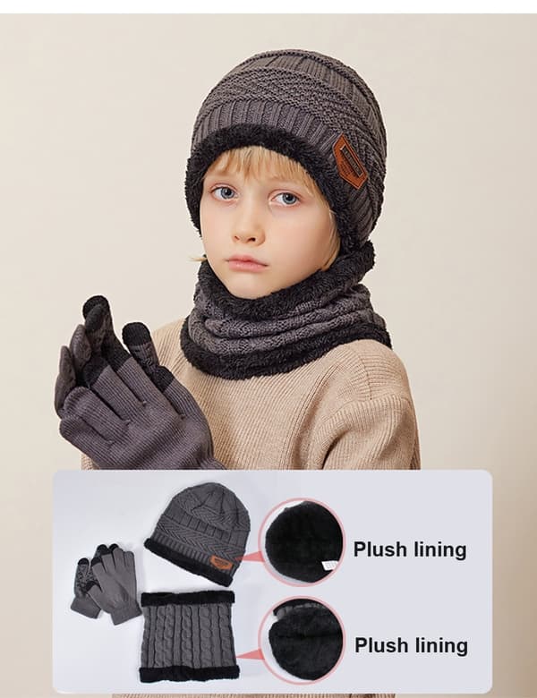 Varm vinter mössa för barn, halsduk, handskar set med plyschfoder för åldrarna 4-10 - halkfri design Gray