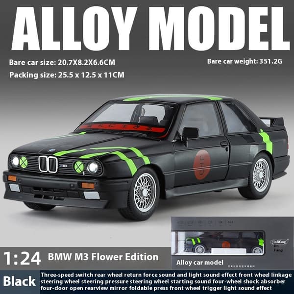 1:24 M3 E30 1988 Mpower Blomsterversion Aluminiumsstøbt malet bilmodel Lyd Lys Private samleobjekter Dekorative gaver black box