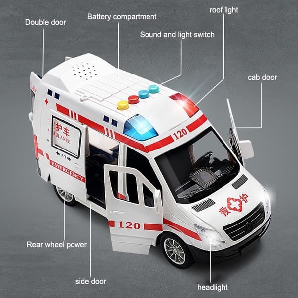 1:24 Legeringsambulancemodel Simulering Pull-back Lyd og Lys Støbt Legeringsbil Legetøjssæt Børnefødselsdagsgave Small Ambulance