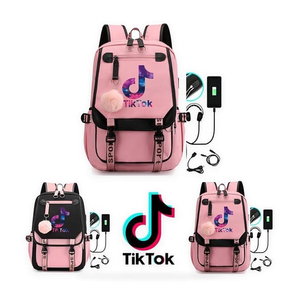 TIK-TOK Backpack waterproof school bag with USB Headphone socket Black Black Svart