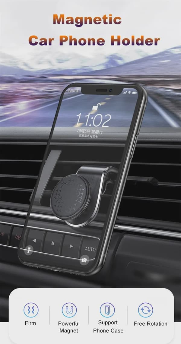 Magnetisk bilholder til luftventilation - stativ til iPhone 15, Samsung, Xiaomi, smartphones black