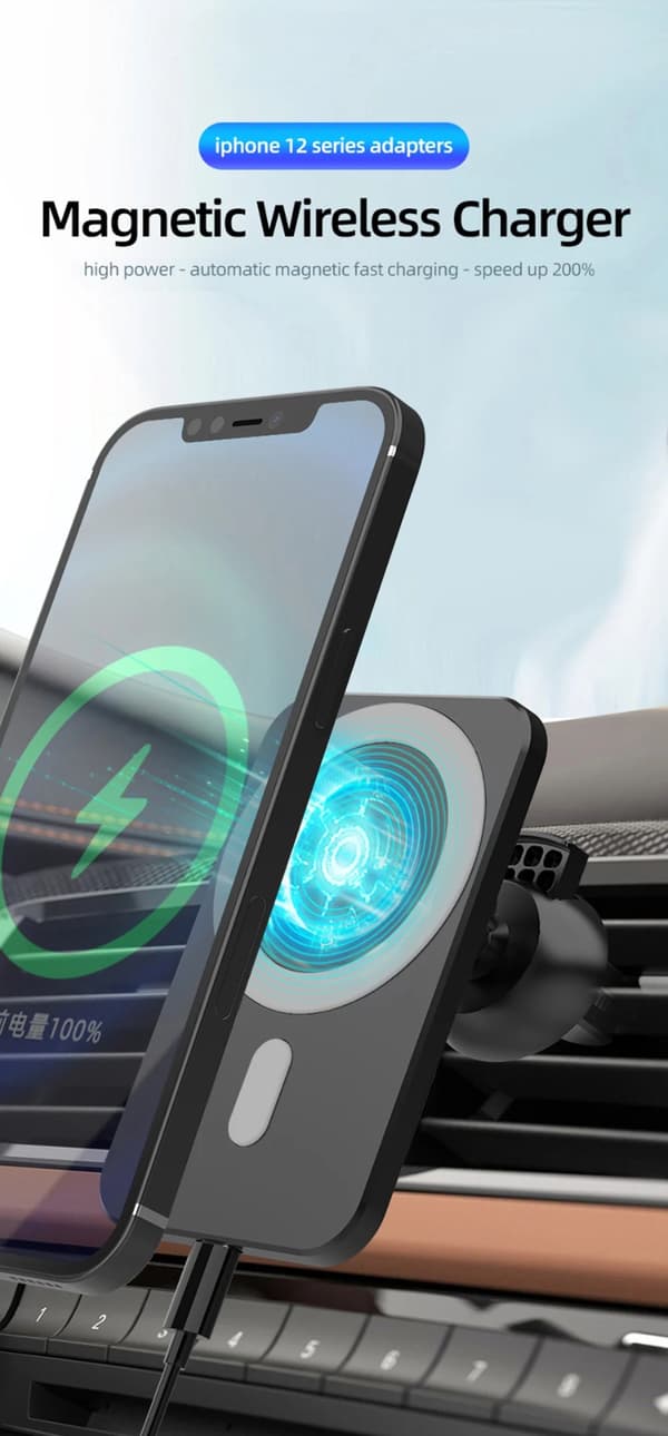 Magnetisk trådlös billaddare för iPhone 12-15 Pro Max Mini luftventil telefonhållare snabbladdning Black