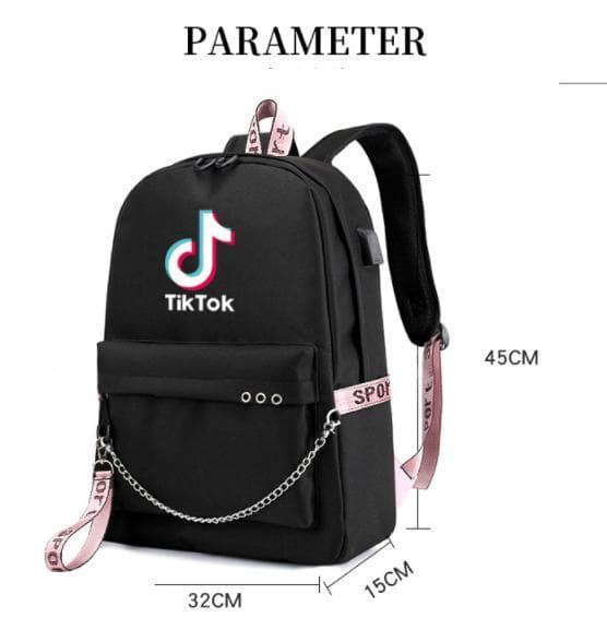 3 Colors TIK-Tok Backpack Waterproof School Bag USB Headphone Jack Black Svart