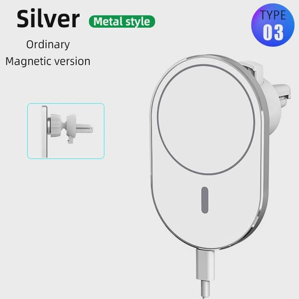 15W hurtig magnetisk trådløs biloplader luftventil telefonholder til iPhone 12 13 14 Pro Max Type 3 Silver QC3.0