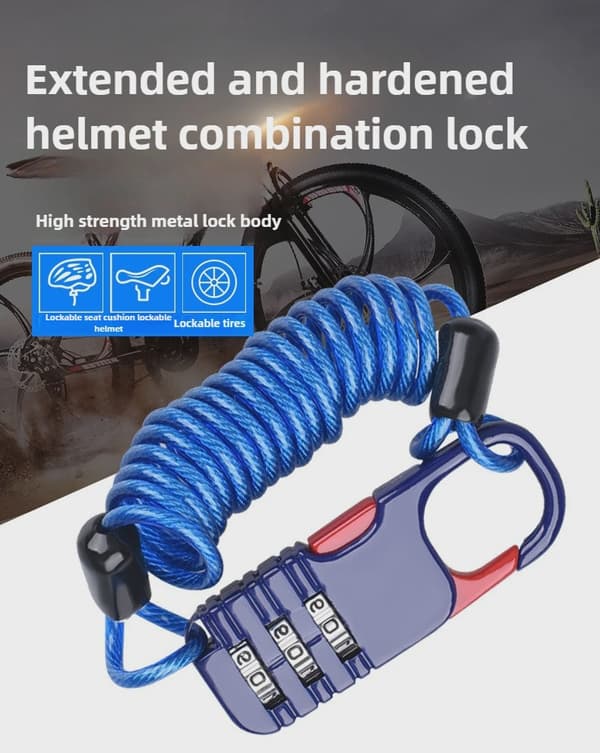 Cykel Motorcykel 3-siffrig kombination Stöldskydd Hjälm Wire Säkerhetslås Rep Black