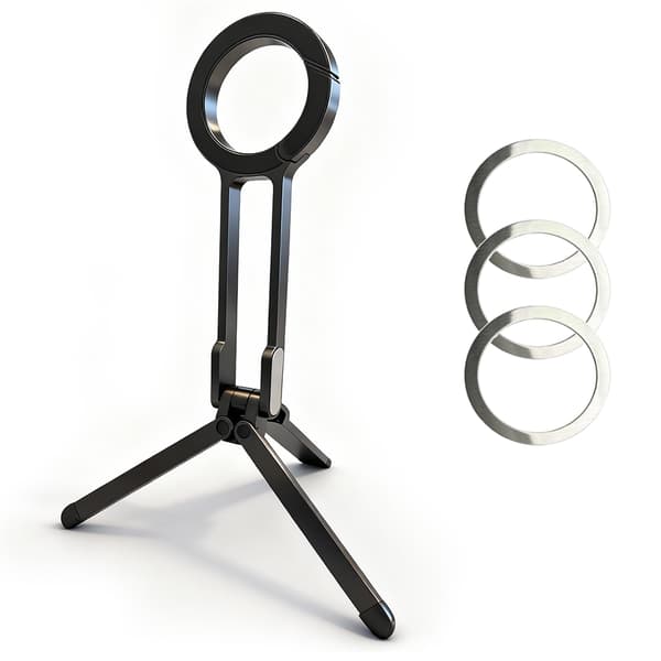 Bærbart magnetisk telefonstativ i legering, foldbart skrivebordsstativ med 3 magnetiske ringe til iPhone 14 15 16 Alloy Black