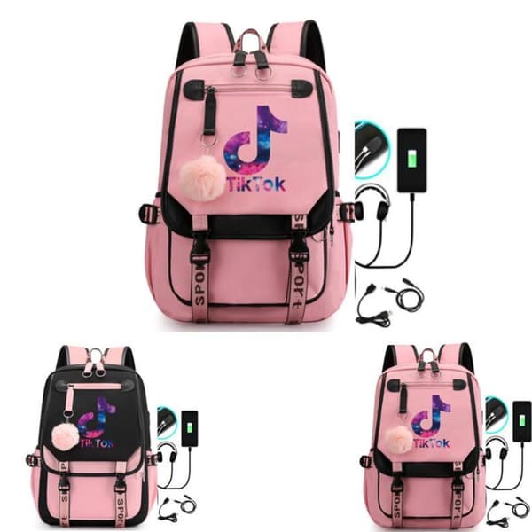 Tik-Tok Backpack waterproof school bag with USB Headphone jack Black Black Svart