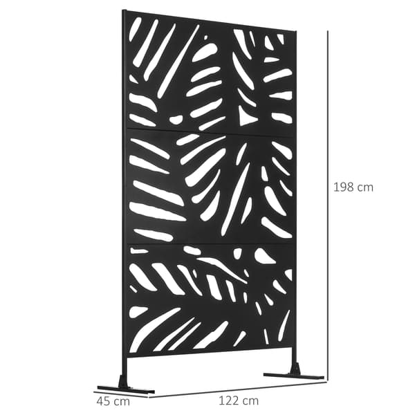Rumsavdelare med 3 paneler, 122x198 cm, med stativ, bladdesign, svart