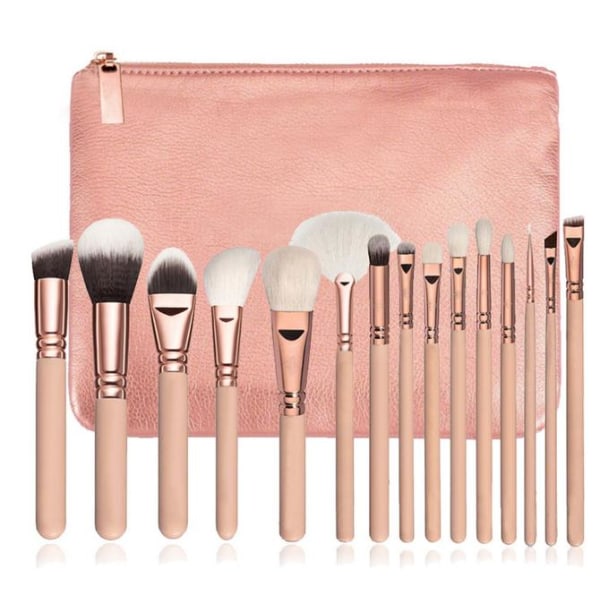 15 stk Professionelle makeup børster med praktisk taske (Pink)