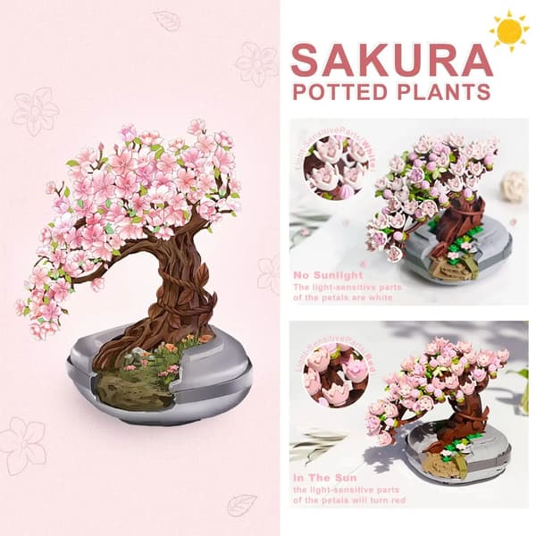 Bonsai byggstenar Cherry Blossom Tree Model - Krukblomma Heminredning Leksak för barn Presenter Sakura tree potted