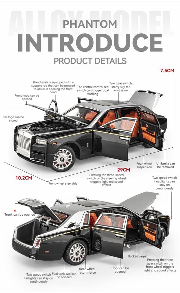 1:18 Rolls-Royce Phantom modelbil, zinklegering pull-back legetøjsstøbt bil med lyd og lys, realistisk modelleringsmodel legetøj111 black with box