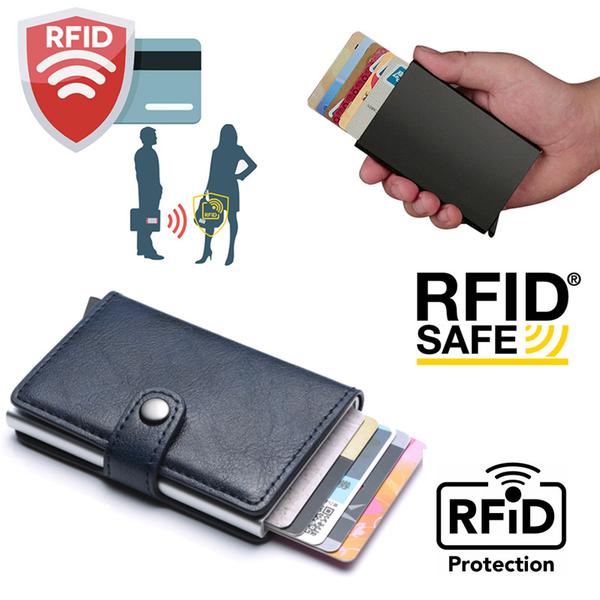 Mökblå- RFID Skydd Plånbok Korthållare 5st Kort (Äkta Läder) Blå