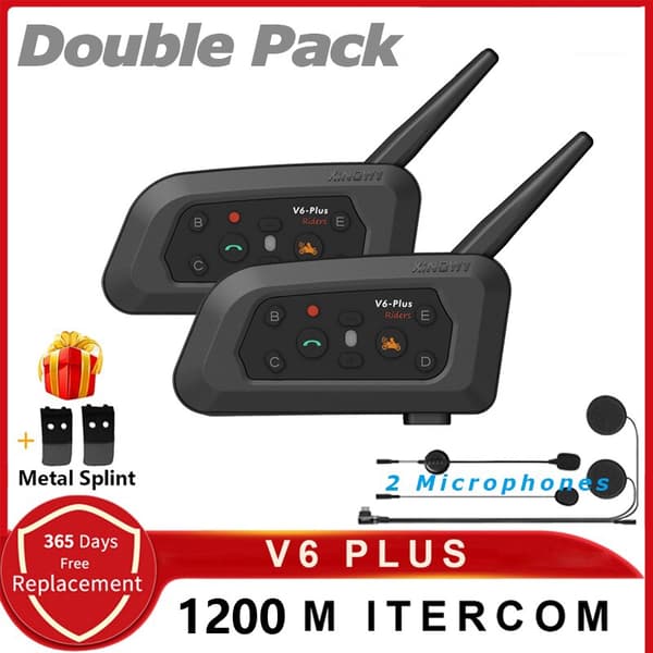XINOWY V6 Plus Motorcykelhjelm Bluetooth Headset Intercom 1200M Interphone Communicator Vandtæt 6 Riders Double Pack