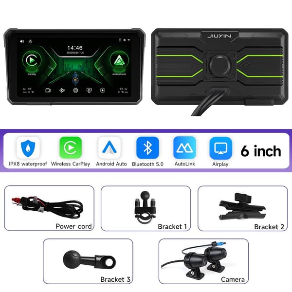 6 tommer motorcykel 2K HD multimedieafspiller GPS navigation trådløs carplay Android auto IPX8 vandtæt touchskærm Bluetooth 6-TMPS-Controller
