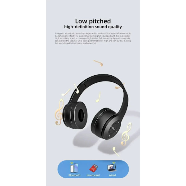 Multifunktionelt bærbart, foldbart, hovedmonteret, trådløst Bluetooth 5.0-headset til Bluetooth-forbindelse med TF-kort og kabelforbindelse black