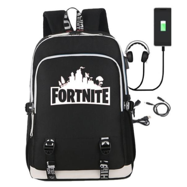 Fortnite ryggsäck - vattentät skolväska med USB och Hörlursuttag Svart