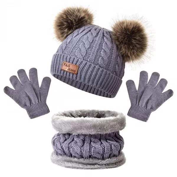 3st Vinterset för barn: Stickad Pompom-mössa, halsduk och handskar - varm solid mössa för småbarn GRAY children