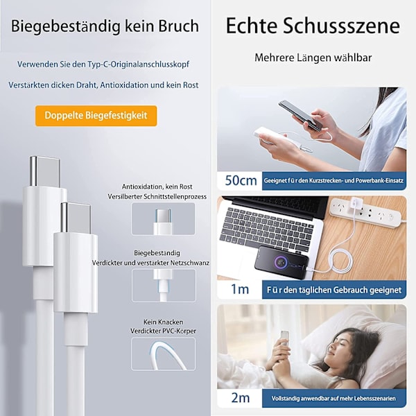 2M 60W 3A Snabbladdningskabel USB-C till USB-C  Type C PD - Vit